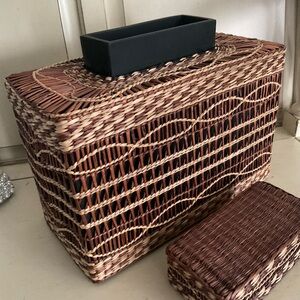 Beautiful heavy wood box with cover,  woven bamboo/straw, new